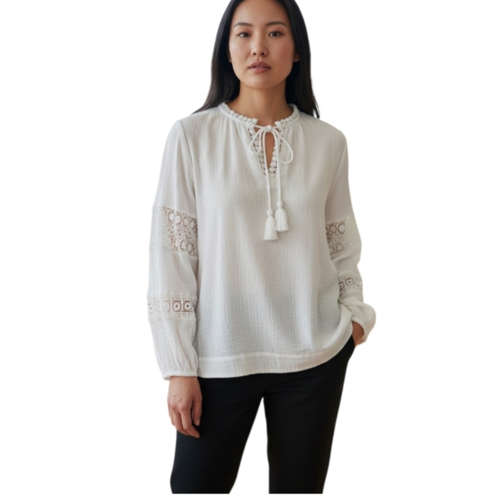 ELLA RAFAELLA WHITE EMBROIDERED PUFF LONG SLEEVE BLOUSES SZ.M EUC.